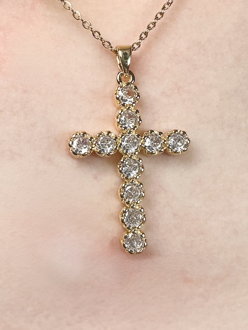 Gold Cross Necklace CZ Pendant Sparkle Hypoallergenic Faith Religious Jewelry